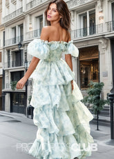 Jacqueline | Tiered Corset Light Blue Floral Long Formal Dress with Ruffles - Price #price_variant_lowest# - Light Blue Floral - PromDressClub